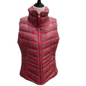Talbots Red Vest Quilted Tartan Plaid 80% Down Puffer Zip Closure Size Large